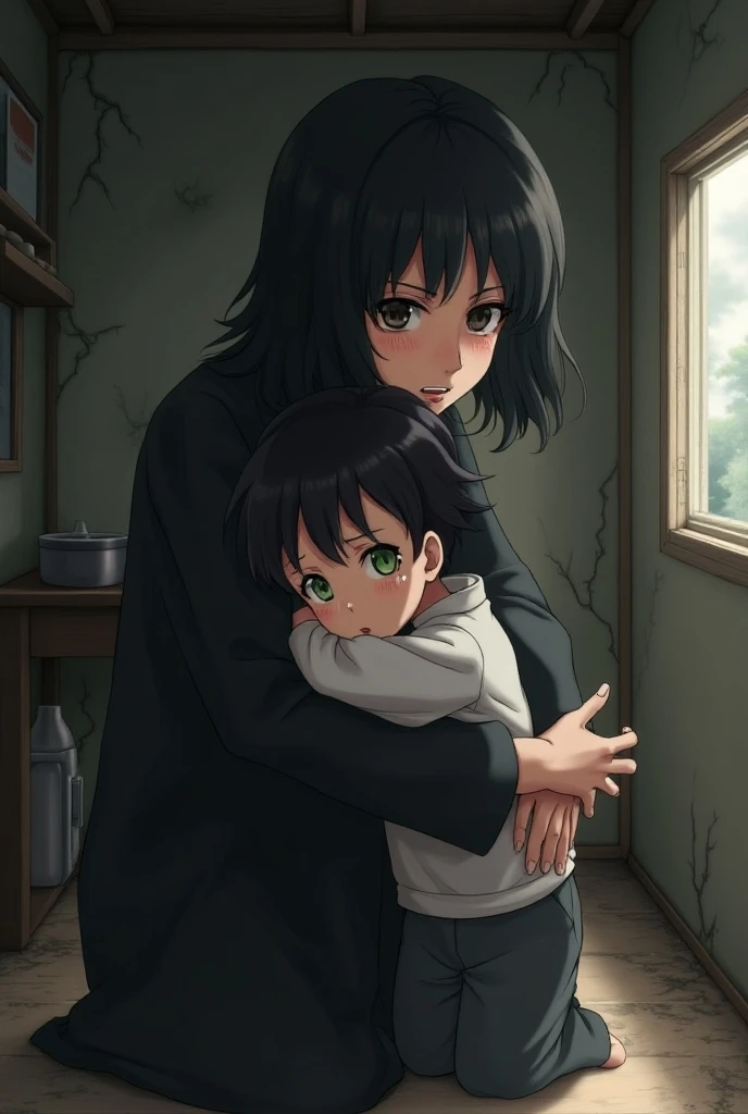 ((Woman and her daughter))　(No makeup)、(be scared:1.4)　((Concrete basement))　Black Background　((Wet and disheveled black hair))　((Close-up))　((Child hugging his busty mother))　、(Depressed:1.6)　((Torn clothes))　Exposed Skin　((Child cuddling with mother))　　((Pale face))　　((Unwashed dirty clothes))　　((Breastfeeding))　