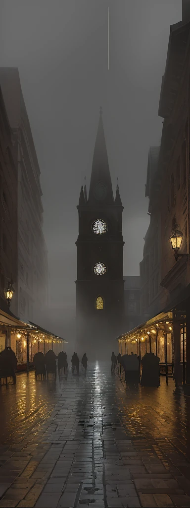 A large market square in a raining night. Rain, Victorian buildings, darkness, shadows, only some light from a church, style of the books of Dickens. fog, mystery