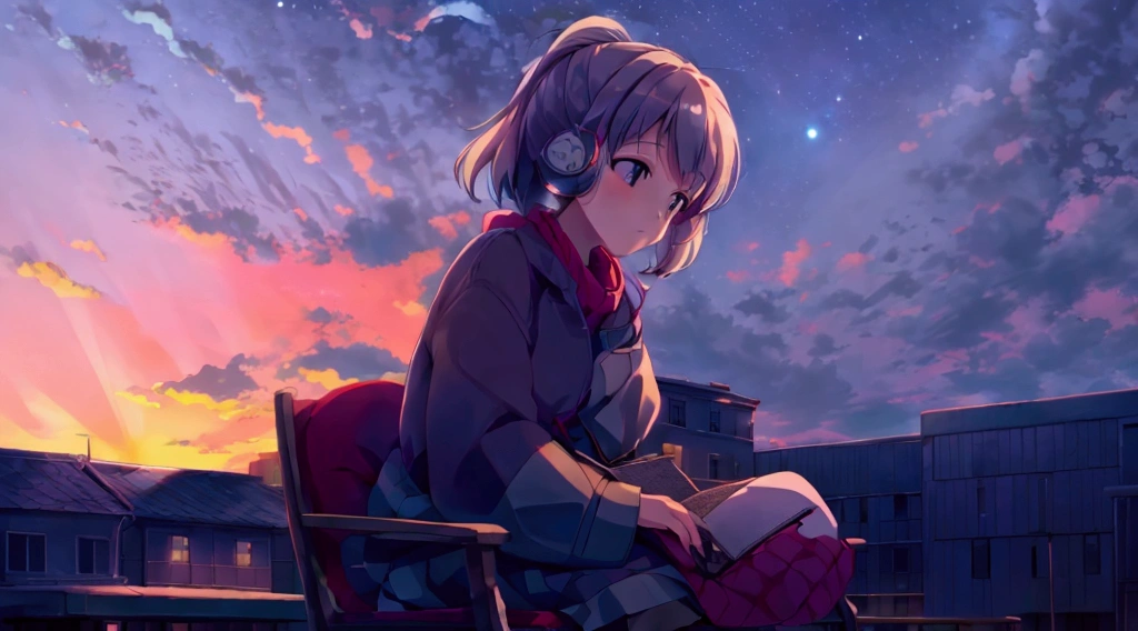 a lone person sitting on top of a building, watching the sky change colors as the sun sets, soft music playing in the background, nostalgic memories