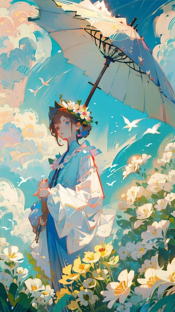 Young girl with brown hair and blue eyes, male, Period costume, Plain, flower, green, nature, bird, sunlight, Parasol, Peer, wind, flowers.