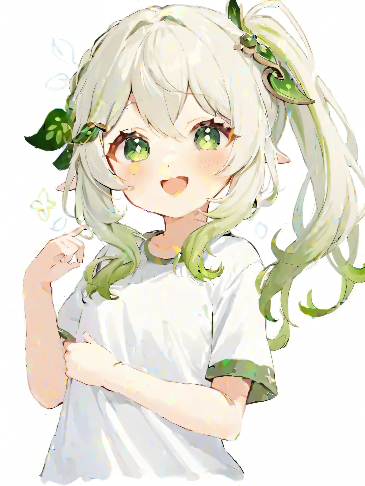 Nahida_\(Genshin Impact_Influence\), 1 Girl, green_Eye, Sharp_ear, shirt, Multicolor_hair, White_hair, White_shirt, side_Ponytail,  simple_background, Short_sleeve, White_background, Smile, green_hair, hair_ ornament ,  symbol shaped_student, Weaving, blush, Long_hair, spare_clothing, Bangs, t-shirt, Gradient_hair, Open_Mouth, leaf_hair_ ornament , woman_child, hair_between_Eye