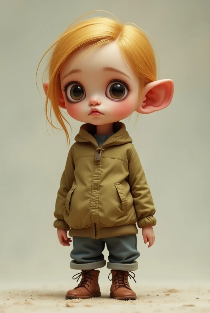 A little girl with white hair,Wear green clothes,Carrying a school bag,have two big eyes,Put your hands in your pockets