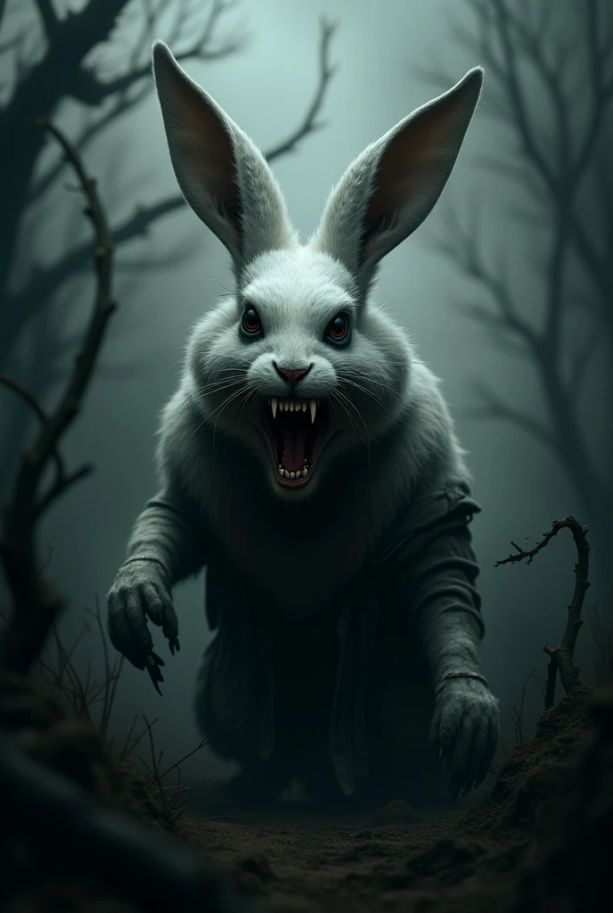 (masterpiece, best quality, ultra high res, highly detailed:1.3), dark, night, realistic, detailed, extremely detailed, intricate detail, night,
BREAK dark forest,
BREAK extremely cute pink bunny, very cute, fluffy fur covered in blood, (eyes bleeding blood:1.1), (extremely wide grin:1.1), looking straight into soul,glowing eyes, (walking towards from dark forest:1.2)