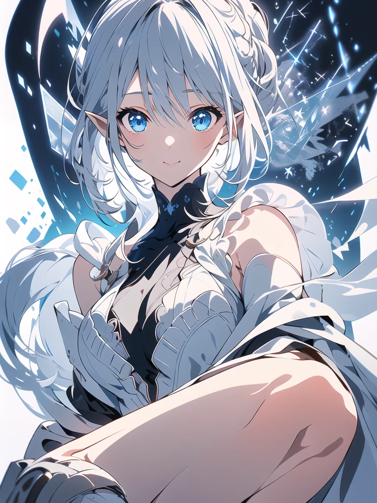 1girl in、White hair、Blue eyes、wall-paper、Super long hair、Curly hair、white backgrounid、symmetry、facing front、Upper body close-up、Close UAMENTED、爆乳、big areolae、((white t-shirts、Black Camisole One Piece))、A smile、
