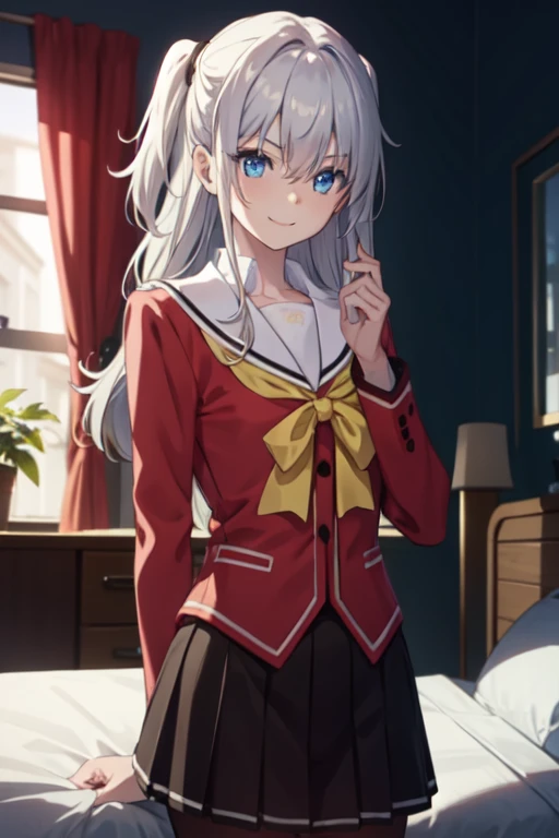 1girl, solo, long hair, (two side up:1.1), white hair, blue eyes, hair between eyes, school uniform,
BREAK standing, 
BREAK smile,
BREAK (from front:1.2), cowboy shot,
BREAK bedroom,
BREAK high contrast, sharp focus, masterpiece, best quality, highly detailed, HDR, highest quality, highres, sharp focus, 8k, 16k, skin pores, dynamic lights, realistic shadows, best shading, award winning masterpiece,