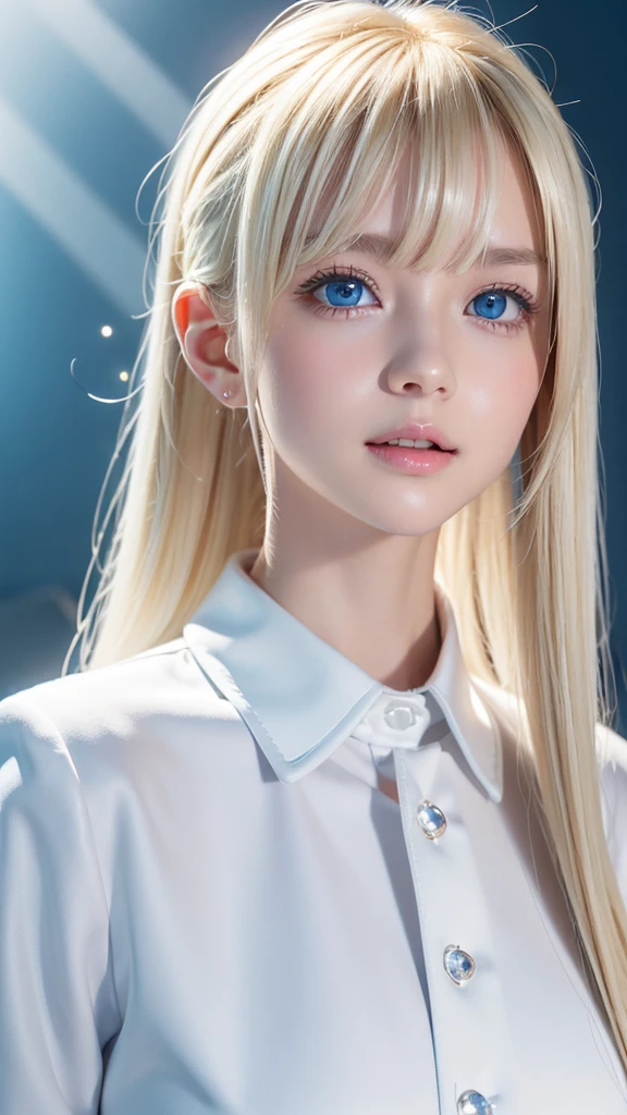 Portrait、School uniform、Bright expression、 ponytail、 Young Shiny Shiny White Shiny Skin 、Great looks、Blonde reflection、Platinum blonde hair with highlights、Shiny bright hair,、Smooth, super long, straight hair、Shiny, beautiful bangs、 Sparkling Crystal Clear Attractive Big Blue Eyes、Very beautiful, lovely and cute girl、Ample Bust、Healthy Skin、