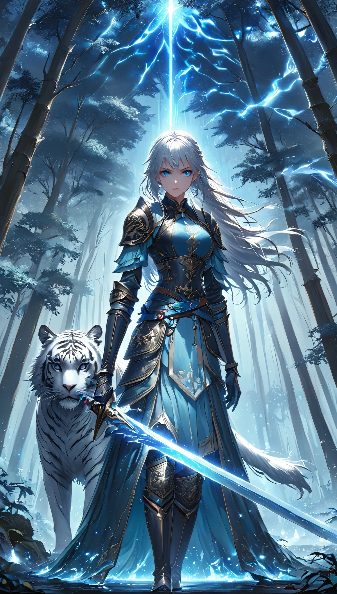 Generate a highly detailed, 8K, ultra-detailed, masterpiece-quality image of an epic female drow ranger in a dynamic, wide-angle shot, set in a dark, enchanted forest. The drow, with long, thick white hair and intense eyes, wears intricate leather armor and boots, her black skin contrasting with the magical blue glow of her epic sword. The glowing sword pulses with energy, casting blue light over the forest. She stands confidently, speaking with a majestic white tiger, whose fur is detailed with intricate patterns. At her side, a fierce white wolf sits, both loyal and vigilant. The moonlight filters through the trees, illuminating the scene with soft light and casting shadows over the foliage, while stars twinkle in the sky. Clouds swirl above, adding to the mystical atmosphere. The composition is dynamic and filled with intricate, photorealistic details, creating an epic fantasy scene with RPG and DnD art inspiration.