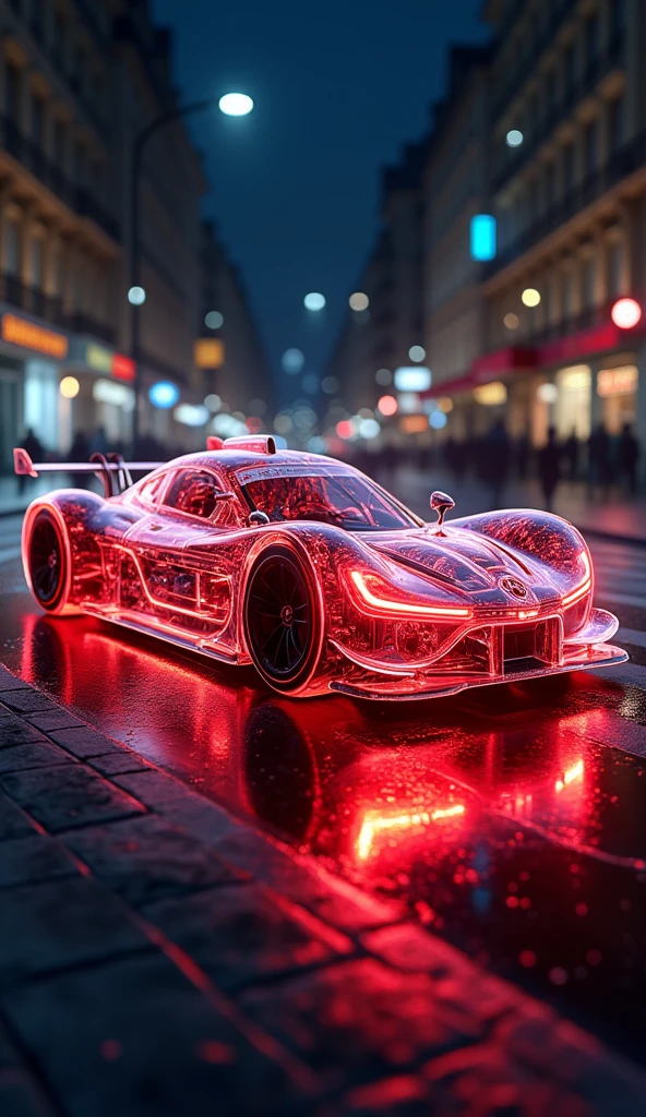 "spectacular digital rendering of a (transparent:1.5) DTM concept hyper car, revealing internal mechanical components such as engine, car chassis, suspension, and internal wiring, detailed textures, detailed machinery, accurate lighting and shadows, 8k quality, intricate patterns, high-definition, glossy Red neon finish, vivid reflections, perfect lighting, busy street at night, BREAK"