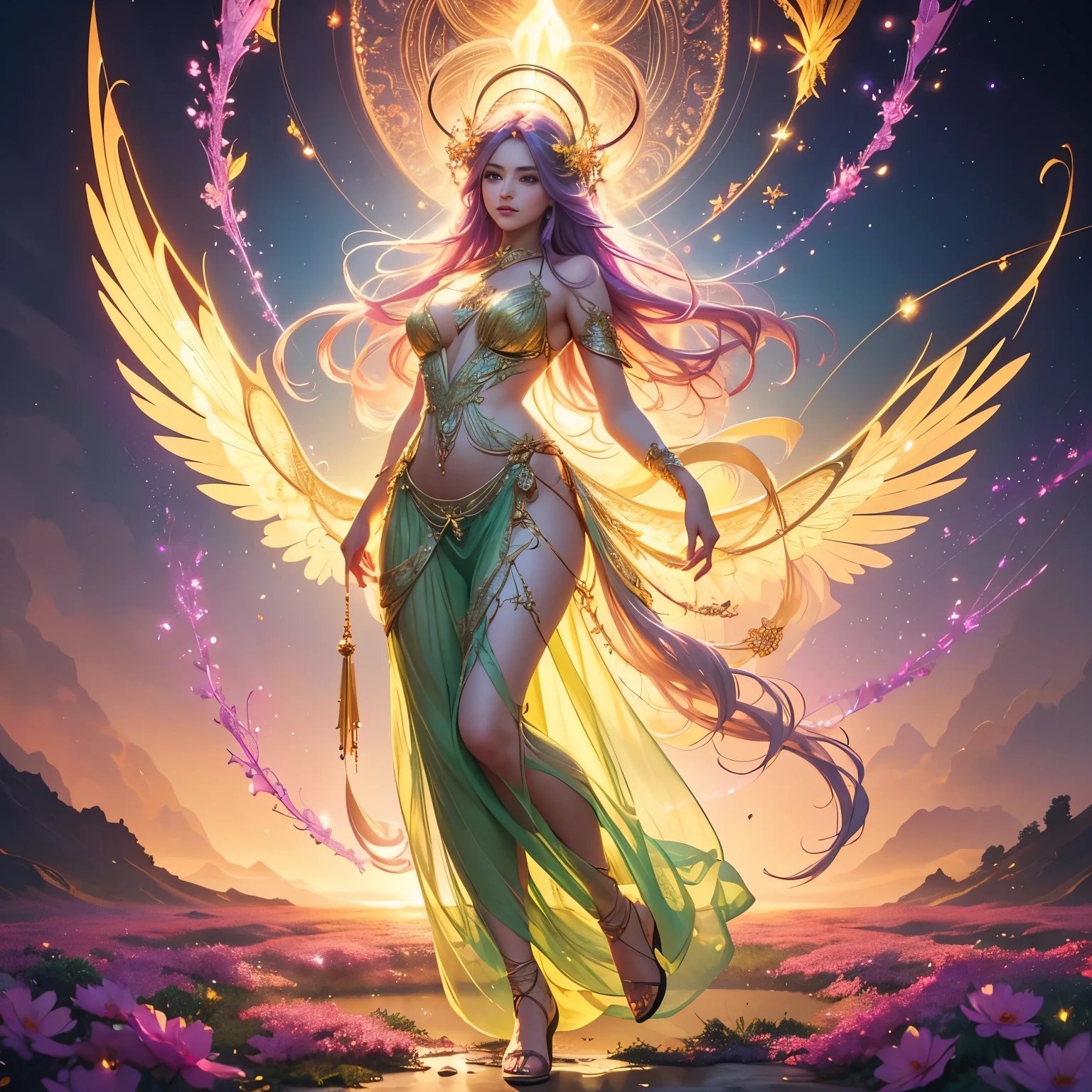 (((masterpiece))), (((best quality))), ((ultra-detailed)),(highly detailed CG illustration), ((an extremely delicate and beautiful)),cinematic light, Create a stunning fantasy artwork that mimics the style of currently trending masters of the genre. The art piece should contain elements of both mythic fantasy and fairytale fantasy with dreamy rainbow accents. ((Utilize the rainbow as the main color scheme.)) The character in the artwork is a delicate but strong petite figure with an aura of mystery and magic and (beautiful translucent rainbow wings). Pay close attention to intricate facial features, such as mesmerizing eyes with vibrant colors and bold shading. The character's clothing should be designed with gossamer feathers, silk, stunning embroidery, and subtle iridescent details. Incorporate (((translucent rainbows))), dreamy colors, dynamic lighting, and detailed background elements to create a sense of awe and immersion. Include colorful flying magical birds and jewel-toned rainbow butterflies radiating a magical aura. Consider the latest trends in fantasy art, such as incorporating unique lighting effects, exploring dynamic and compelling composition techniques, and experimenting with unique color palettes. Take inspiration from the top artists on ArtStation and Midjourney. Camera: Choose an angle that highlights the character's beauty and enhances the magical majesty of the artwork. Lighting: Utilize atmospheric lighting techniques to create depth and mood. Resolution: Aim for a high-resolution artwork to showcase intricate details and clarity. Art Inspirations: Seek inspiration from the trending artists on ArtStation, exploring different styles, genres, and themes.