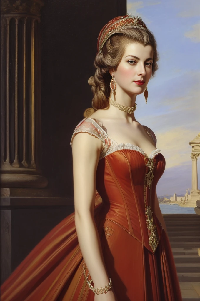 A picture of A woman in a magnificent closed red dress of the 18th century, red lipstick, Mavuika from Genshin Impact, Queen Marie-Antoinette, 18th century, French hairstyle from the 1790s, red hair, yellow eyes, a mole under the lower lip, her melancholic face looking at the viewer, She stands in the middle of the Place de la Concorde in Paris surrounded by people, with a guillotine in the background behind her, outdoors, outside, autumn, grey clouds, rainy weather, The Great French Revolution, Works inspired by Friedrich von Amerling, Inspired by Thomas Lawrence, Inspired by Franz Xaver Winterhalter, Nick Alm, oil painting style, realistic woman oil painting, elegant portrait, beautiful portrait of a woman, Inspired by Casey Baugh, elegant digital paintings, Inspired by Howard Chandler Christie, cool beauty, perfect tall model body, best quality, perfect angle, perfect composition, best shot, official art, cinematic light, supreme work of art