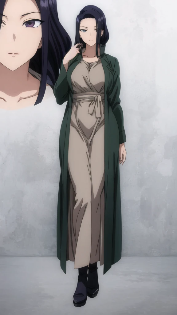  anime - stylish image of a woman in a brown dress and a green coat, full-length portrait of the character, full body, anime full body, retrato full body del personaje,  full body portrait of a , by Akihiko Yoshida, ( ( conceptual art ) ), full body close up , anime woman full body art, April representation, female anime character, Highly detailed, High quality