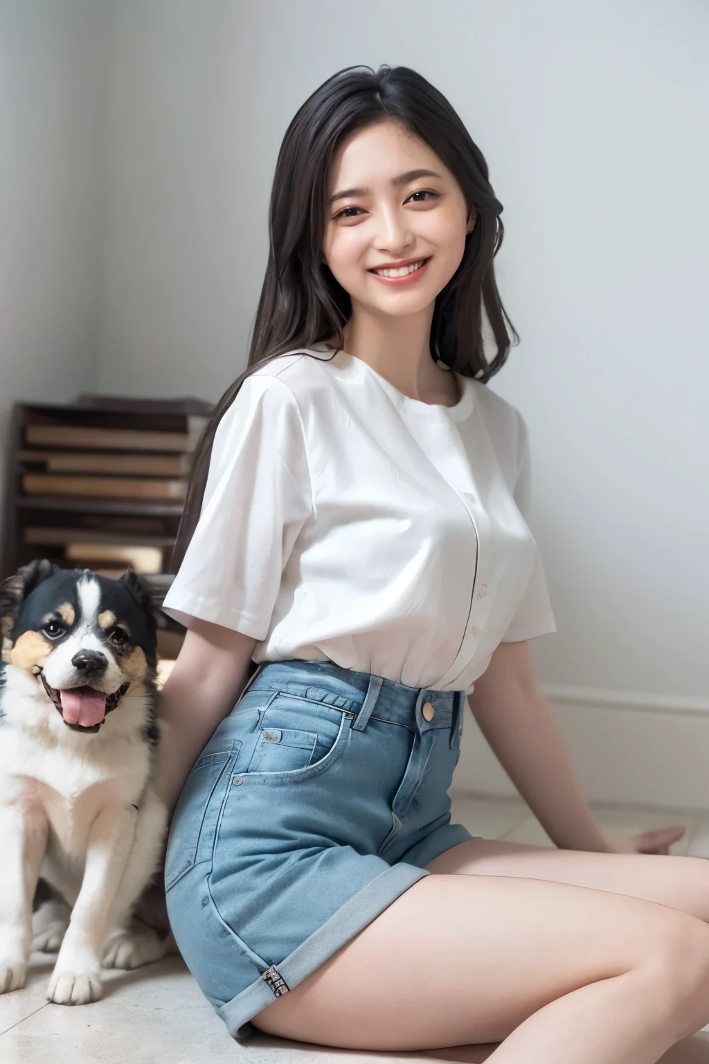 A beautiful young woman, 18 years old, with a slender figure, wearing a short-sleeved denim jacket and denim shorts, smiling shyly while gently petting her dog that is sitting beside her, realistic, photorealistic, cinematic lighting, warm color tones, highly detailed, masterpiece, 8k