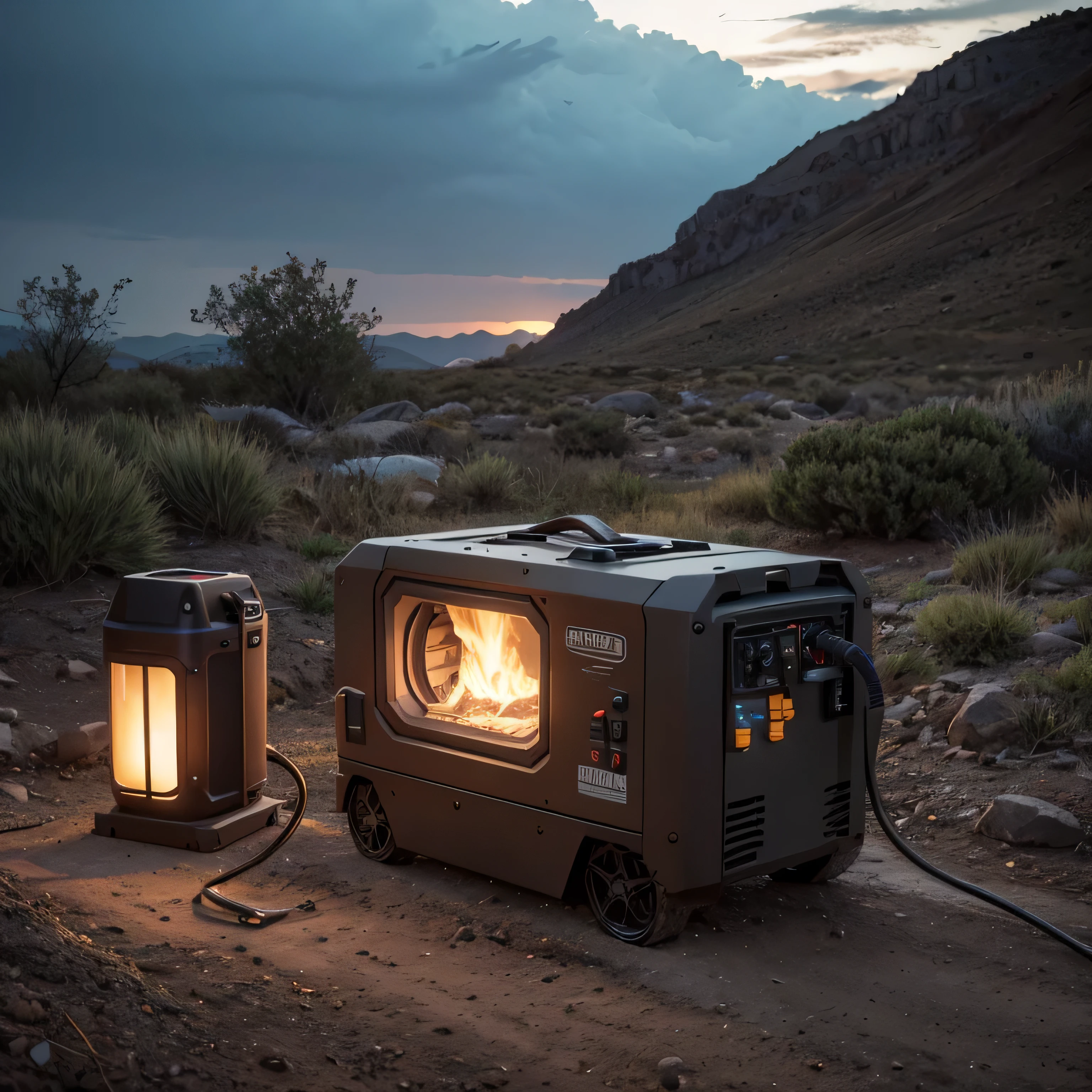 Generate a hyper-realistic image of a portable electric generator in a rugged outdoor setting. The generator is compact but heavy-duty, with a metallic frame slightly scuffed from use, its surface covered in dirt and grease. It sits on a patch of rough, uneven ground, surrounded by scattered tools and coiled cables. The generator’s control panel is illuminated by small, faintly glowing LED lights, with dials and buttons showing signs of wear. Thick rubber wheels are caked with mud, and the metal casing has scratches and dents from being transported frequently.

The generator’s exhaust pipe releases a thin trail of smoke, while a low, steady hum vibrates through the air as the engine runs. Nearby, cables snake out from the generator, powering equipment in the distance, their surfaces dirty and weather-beaten. The setting sun casts long shadows across the scene, highlighting the rugged texture of the generator and the earthy tones of the surrounding environment. The atmosphere feels raw and utilitarian, with a sense of reliance on this essential machine to provide power in remote or emergency situations.