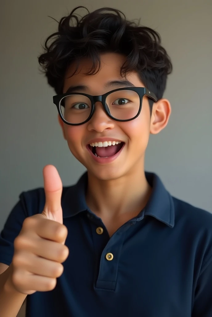 A teenager wearing glasses, a yellow shirt, a thumbs up, brown hair