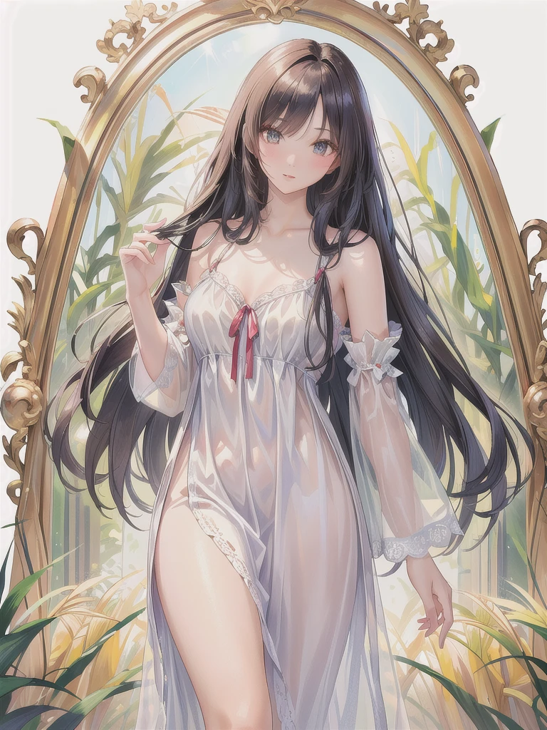 Masterpiece, best quality, ultra-detailed, Realistic image of a tall Asian woman with long hair wearing a sexy, thin, mirror-like nightgown. Wandering into a corn field,