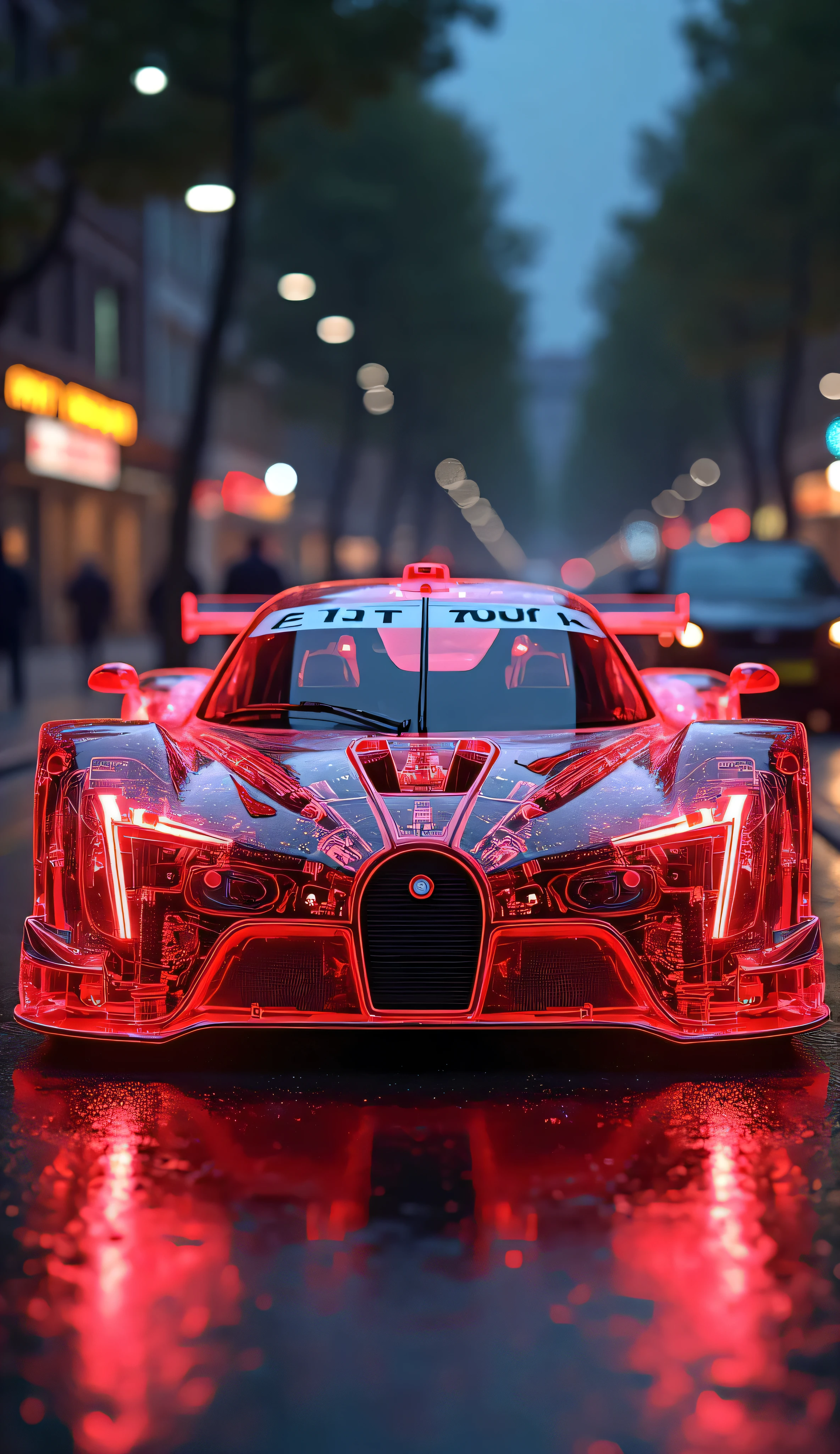 "spectacular digital rendering of a (transparent:1.5) DTM concept hyper car, revealing internal mechanical components such as engine, car chassis, suspension, and internal wiring, detailed textures, detailed machinery, accurate lighting and shadows, 8k quality, intricate patterns, high-definition, glossy Red neon finish, vivid reflections, perfect lighting, busy street at night, BREAK"