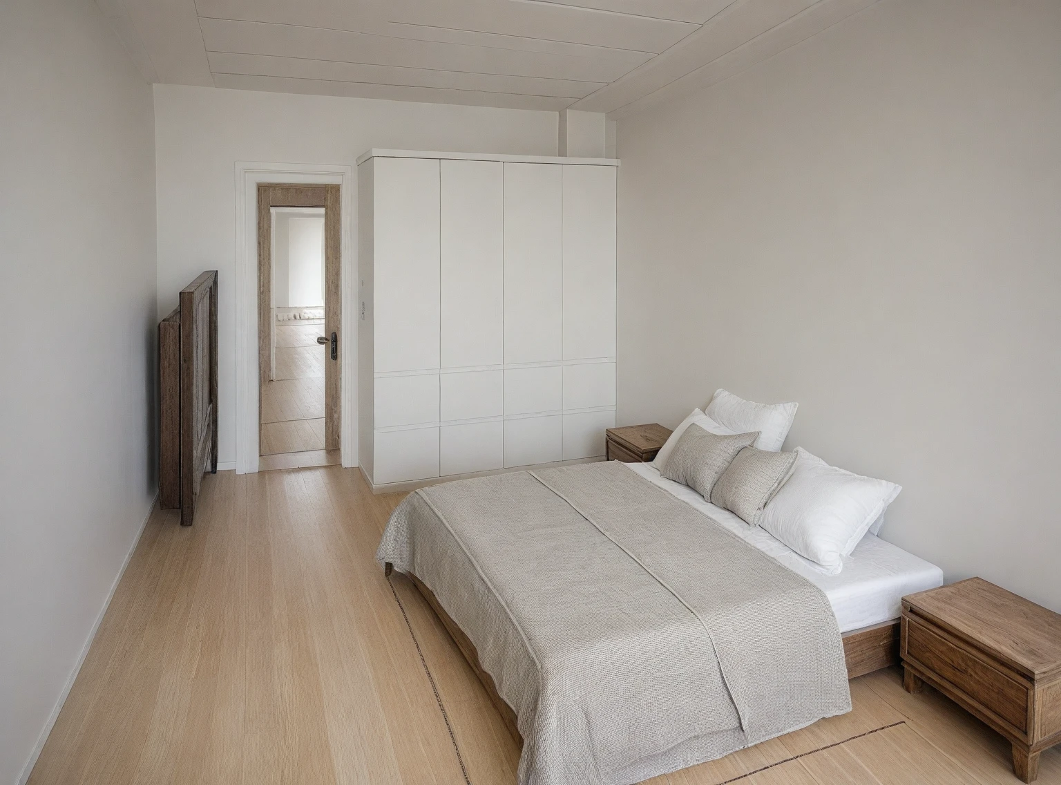 wabi-sabi bedroom interior, wabi-sabi interior style, design tends to be minimalist, calming and natural atmosphere, ((gray and white color scheme)), (( wood)), handmade textiles,natural fabrics, tab, lamp, rug, wood floor, drapes,glass window, door, (((White ceiling : 3))) , wall, wardrobe, rough-hewn wood cabinet, picture frames, antique furniture and decor items, cinematic