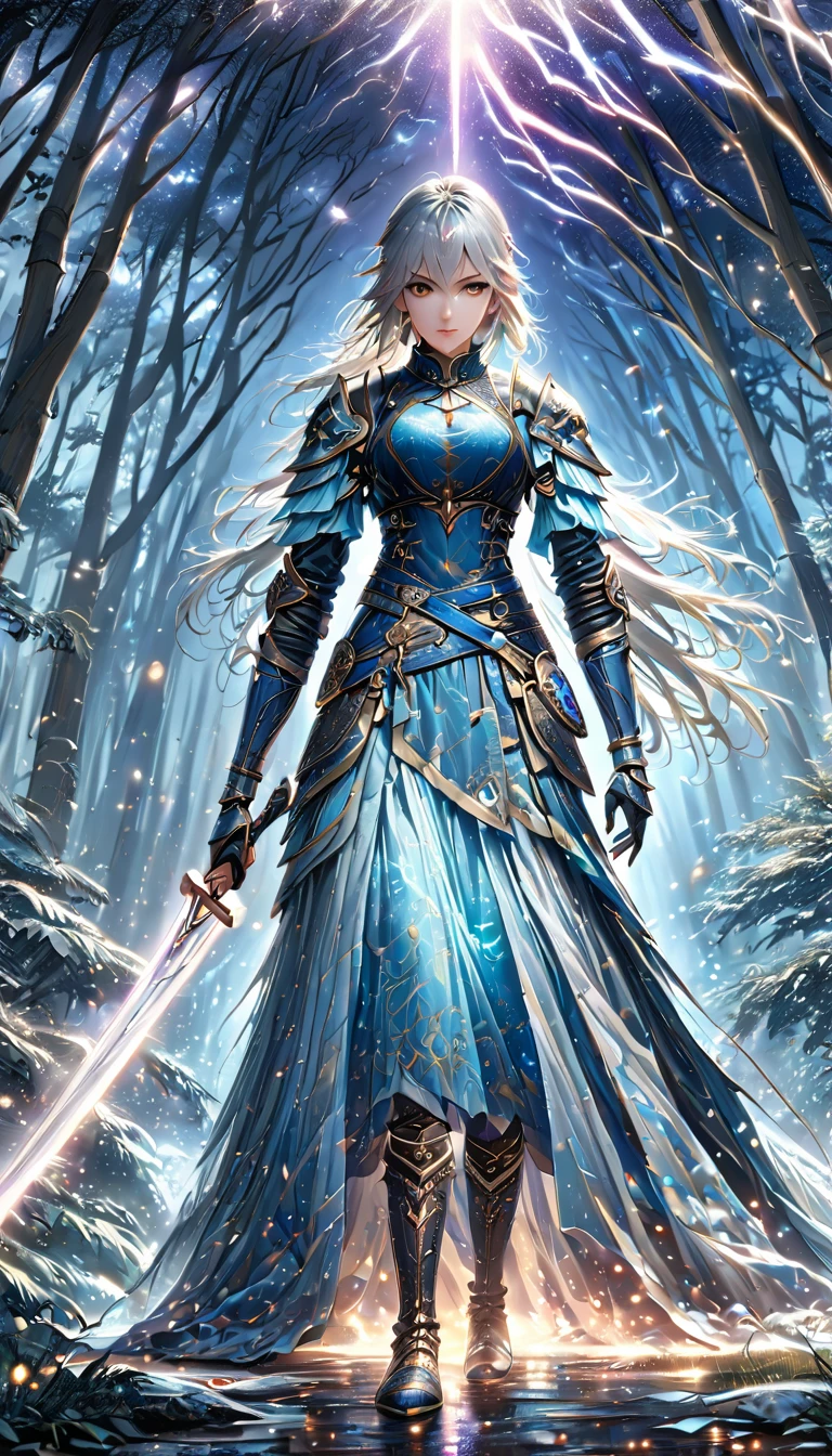 Generate a highly detailed, 8K, ultra-detailed, masterpiece-quality image of an epic female drow ranger in a dynamic, wide-angle shot, set in a dark, enchanted forest. The drow, with long, thick white hair and intense eyes, wears intricate leather armor and boots, her black skin contrasting with the magical blue glow of her epic sword. The glowing sword pulses with energy, casting blue light over the forest. She stands confidently, speaking with a majestic white tiger, whose fur is detailed with intricate patterns. At her side, a fierce white wolf sits, both loyal and vigilant. The moonlight filters through the trees, illuminating the scene with soft light and casting shadows over the foliage, while stars twinkle in the sky. Clouds swirl above, adding to the mystical atmosphere. The composition is dynamic and filled with intricate, photorealistic details, creating an epic fantasy scene with RPG and DnD art inspiration.