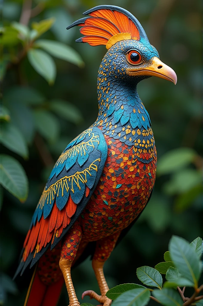 A highly detailed, photorealistic image of a colorful bird perched on a branch. The bird has a vibrant and intricate design with shades of blue, green, orange, and pink. Its body is covered in swirls, dots, and lines. The bird wears a crown adorned with small jewels and pearls. The background is a blurred garden or park with trees and foliage. The image should have a whimsical and dreamlike atmosphere. Add volumetric fog, clear focus, and a slight film grain for a vintage look. The bird's skin should be detailed with visible pores. The overall style should be a blend of photorealism, lomography, and a futuristic dystopian megalopolis aesthetic
