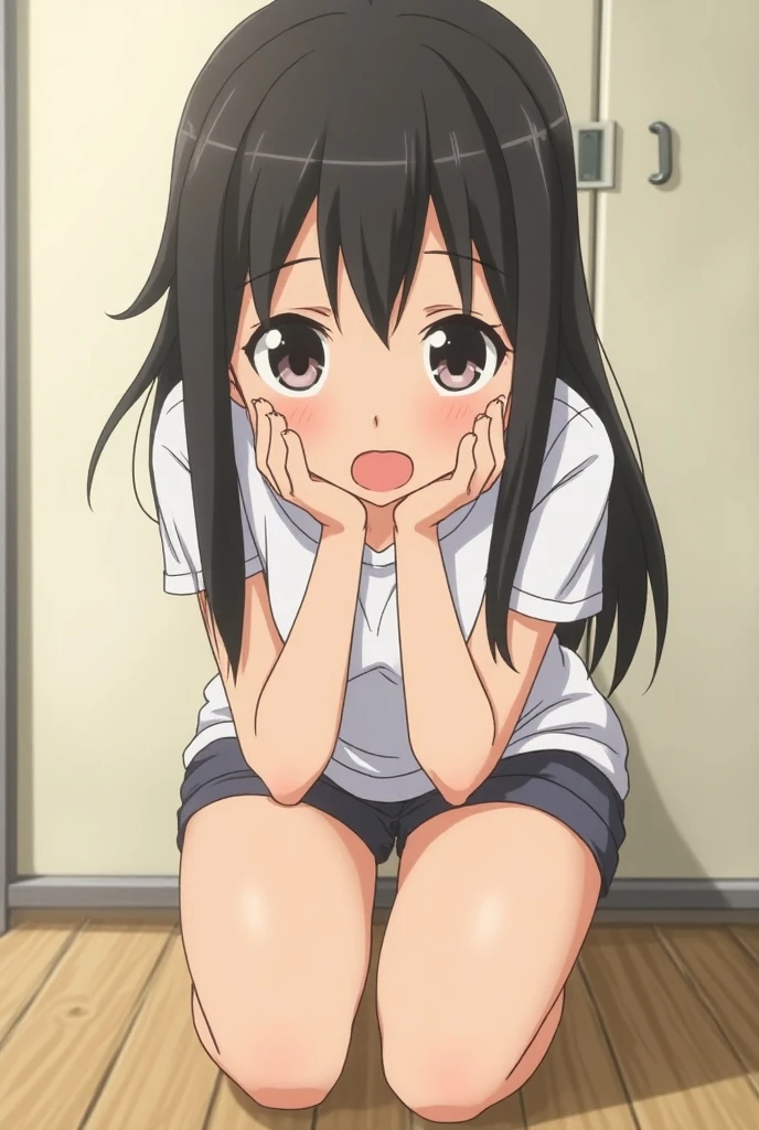 Squatting Up Skirt, biologically correct、red blush、light brown hair、Shorthair, very thin eyebrows,Flustered expression、White panty