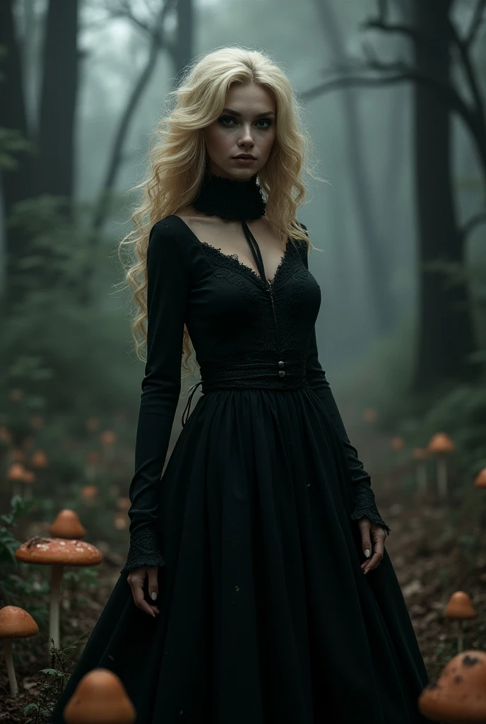 PICTURE REALISTIC, details Intricate, 4K. a beautiful woman, belissima, face perfect, blondie hair, light blonde hair, very fair skin, clear blue eye, gothic makeup, black lipstick, black nails, turned body, breasts big, Waist slender, turned legs, sensual curves. She is wearing a tight black dress, black gown. He wears a black hood over his head, hood goes up to eyebrow height, short dress, neckleace, necklace with a black stone, black high heel shoe. She is posing standing up, in a forest at night, dark shadowy surroundings, during at night, mist, She is a serious woman, withering look, a raised eyebrow, suspicious.