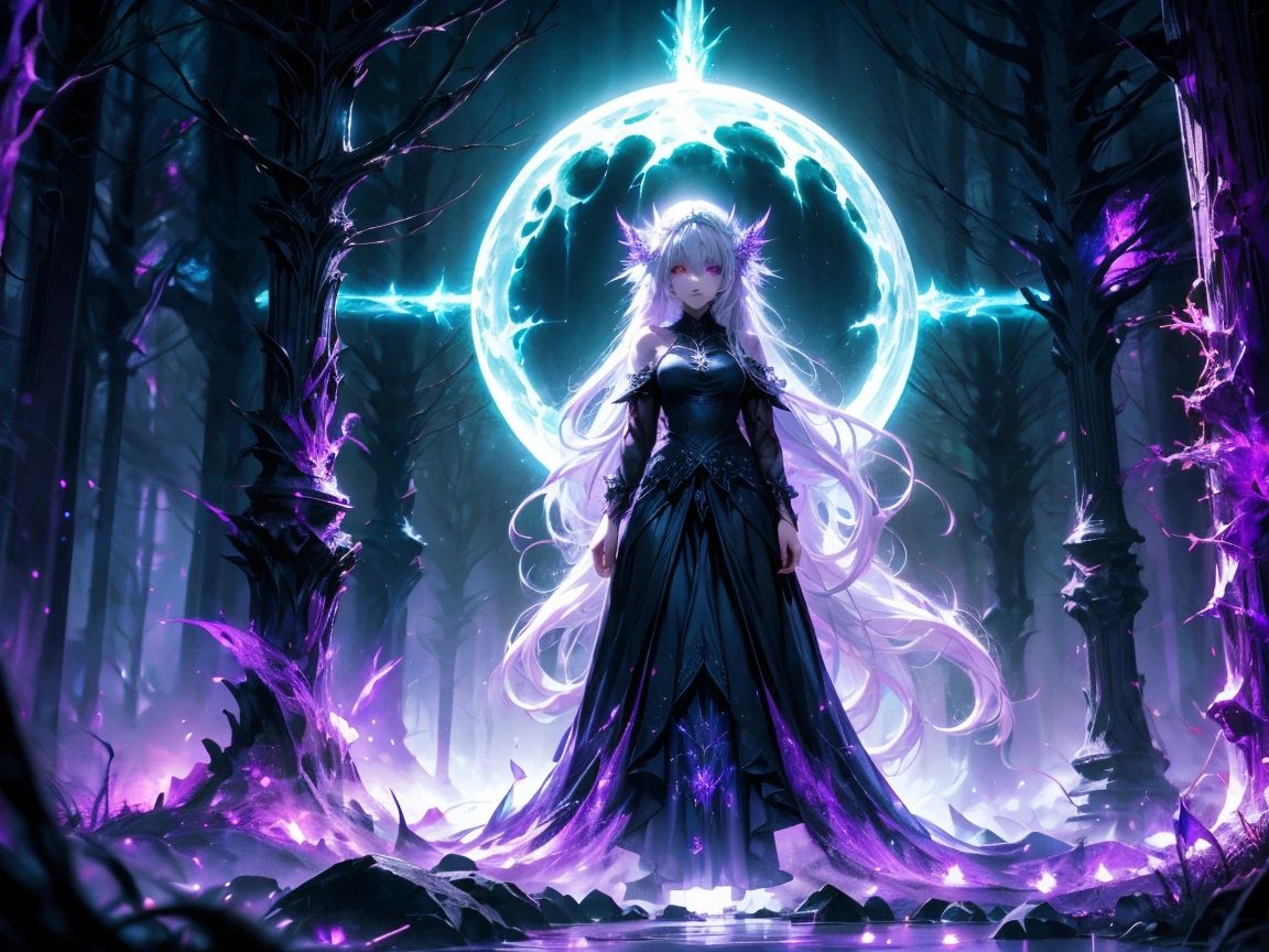 A mysterious witch with long white hair and glowing eyes, wearing a torn, dark purple gown. She stands provocatively, one hand extended, casting a spell in an enchanted forest. Glowing orbs of light surround her as fog rolls over the forest floor.