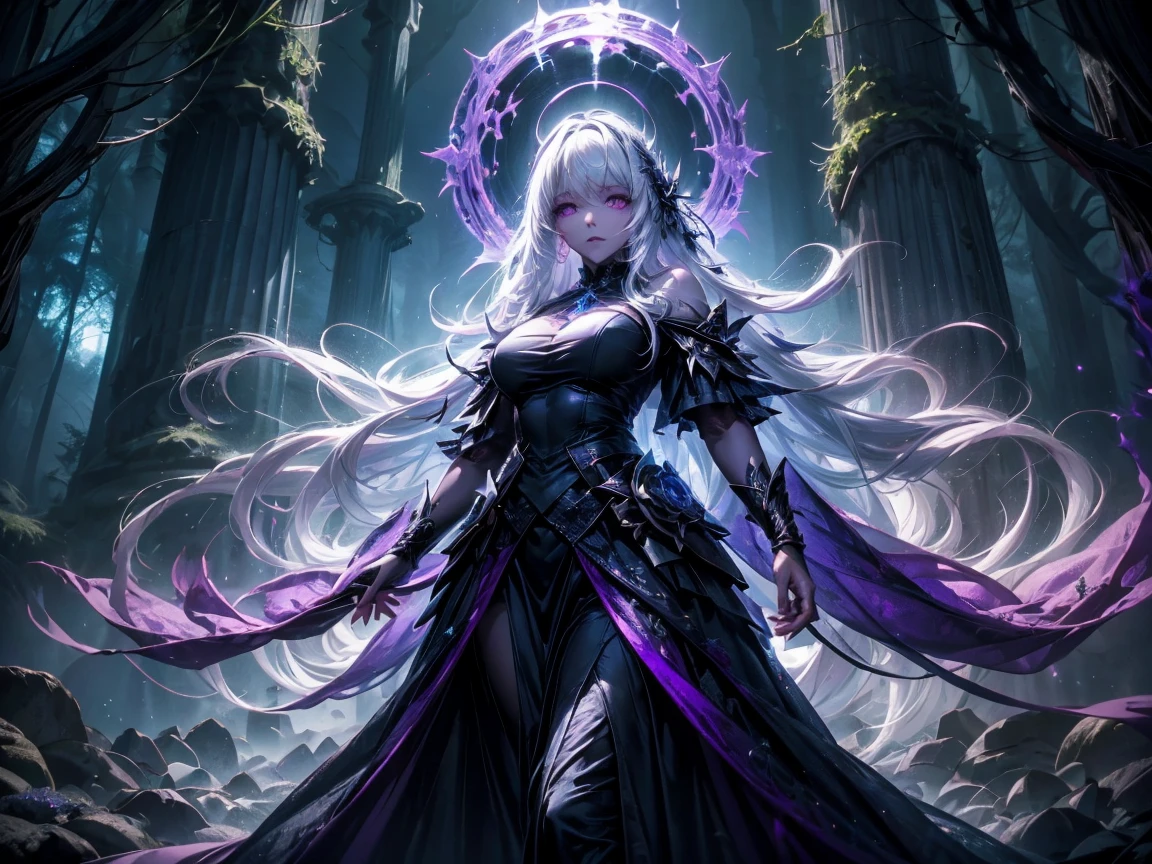 A mysterious witch with long white hair and glowing eyes, wearing a torn, dark purple gown. She stands provocatively, one hand extended, casting a spell in an enchanted forest. Glowing orbs of light surround her as fog rolls over the forest floor.