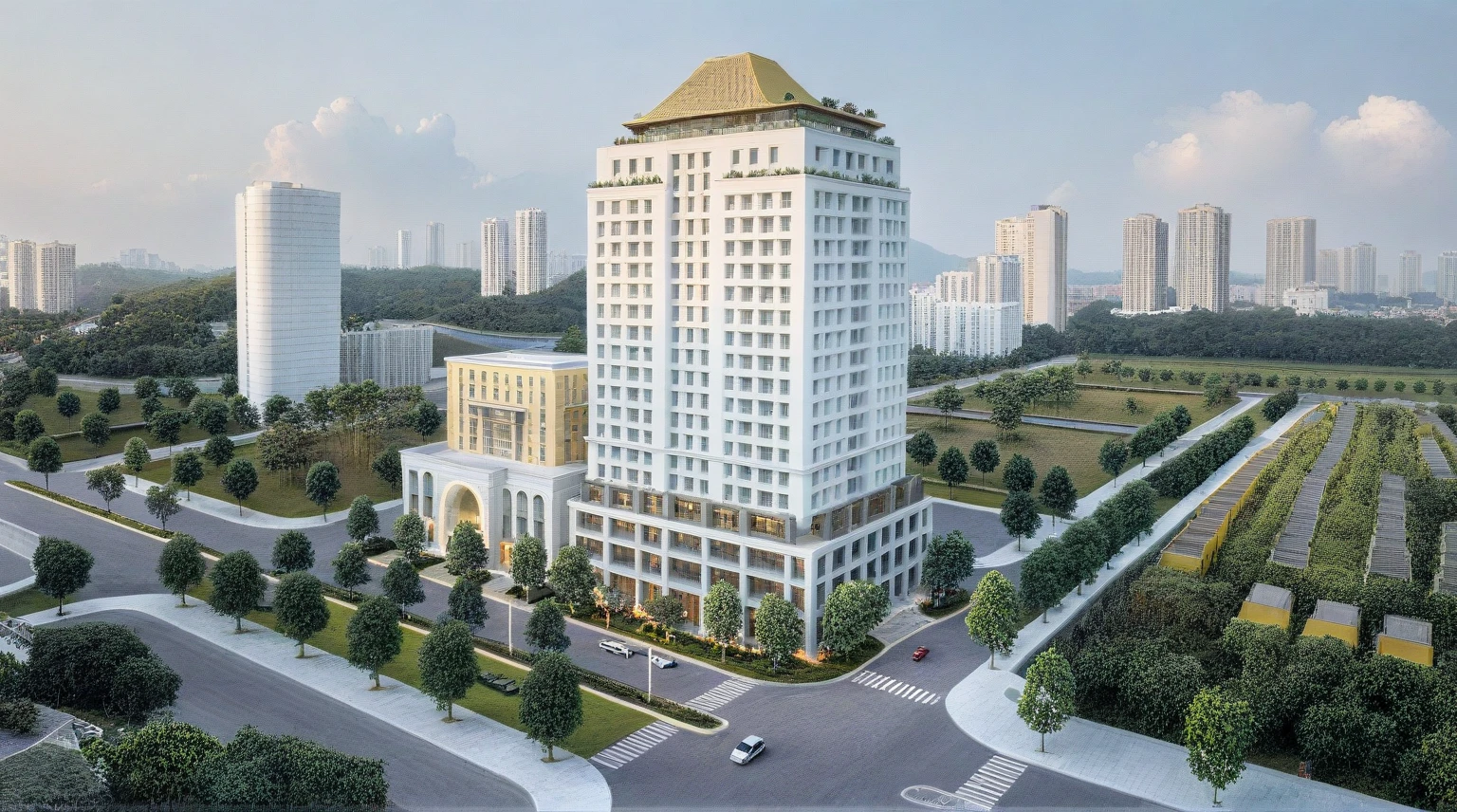 shangyejie, a residential towers, with a small podium at the ground floor and white color, in the Ho Chi Minh city in Viet Nam, designed in the style of modern architectural style. light yellow, random color, The towers have rectangular balconies on each side.side view,During the daytime, natural lighting, architectural photography, masterpiece, best quality, photorealism, ultra relistic, 