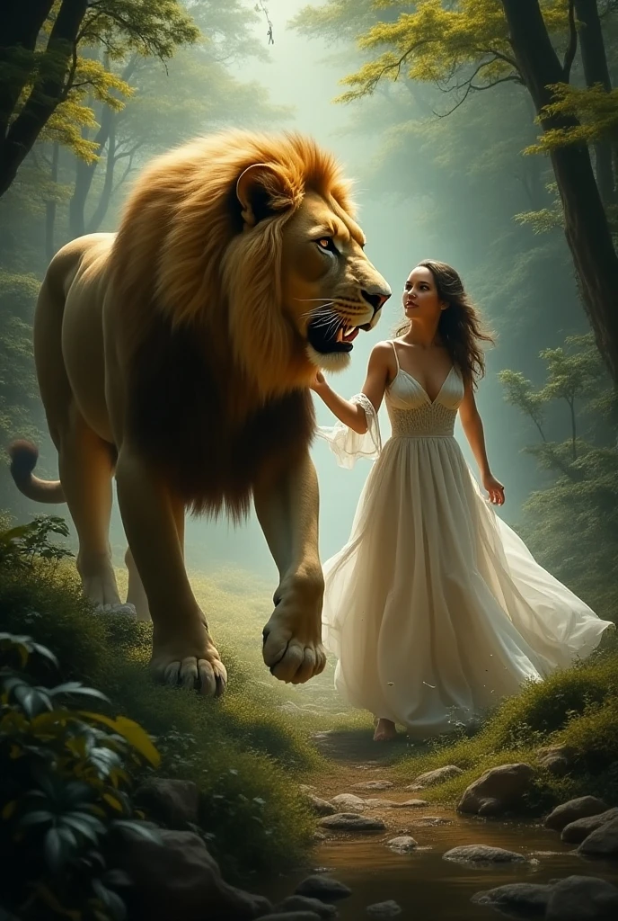Thisbe, terrified and fleeing, ancient Babylon, dressed in a flowing robe, in a dark forest, running away from a lioness with blood on her jaws, her veil slipping from her hand, dense trees and shadows in the background, action shot, hyper -realistic, photo realism, cinematography, ar 9:16.