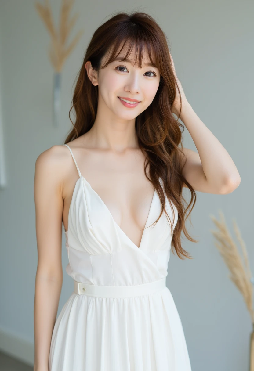 one beautiful lovely women, ((grinning)),Skinny Japanese young woman,)),Sexy, Detailed face, beautiful eyes, bangs, medium breasts, very thin waist, Light Brown wavy Hair, Faint lips, ((standing at front, Staring at the viewer,)), white summer dress, pleated skirt, light brown, long wavy hair, stylish, cozy, casual fashion, (full-body photo), arm up and gently posed.