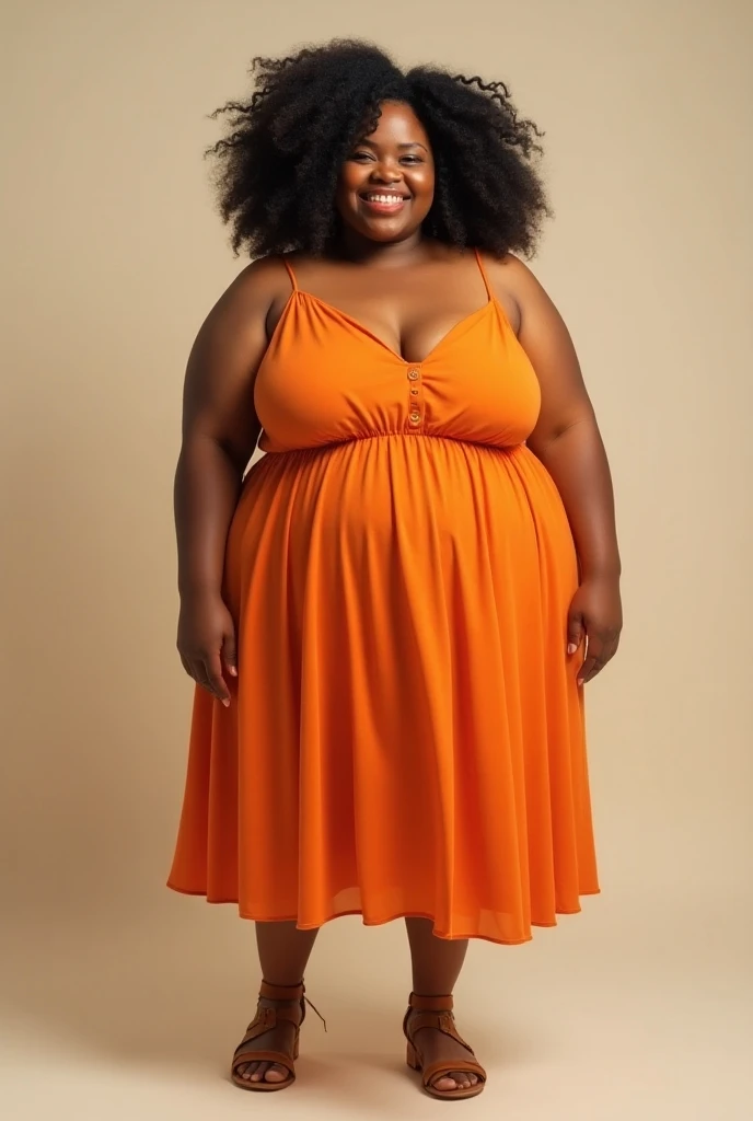 A plump woman between 40-43 years old, has African descent but her skin is white, and she is white Cuban, with her hair curly, and with a yellow turban and a yellow dress, at her feet she has skulls and sea shells , also wears some bracelets and rings, with a friendly smile.