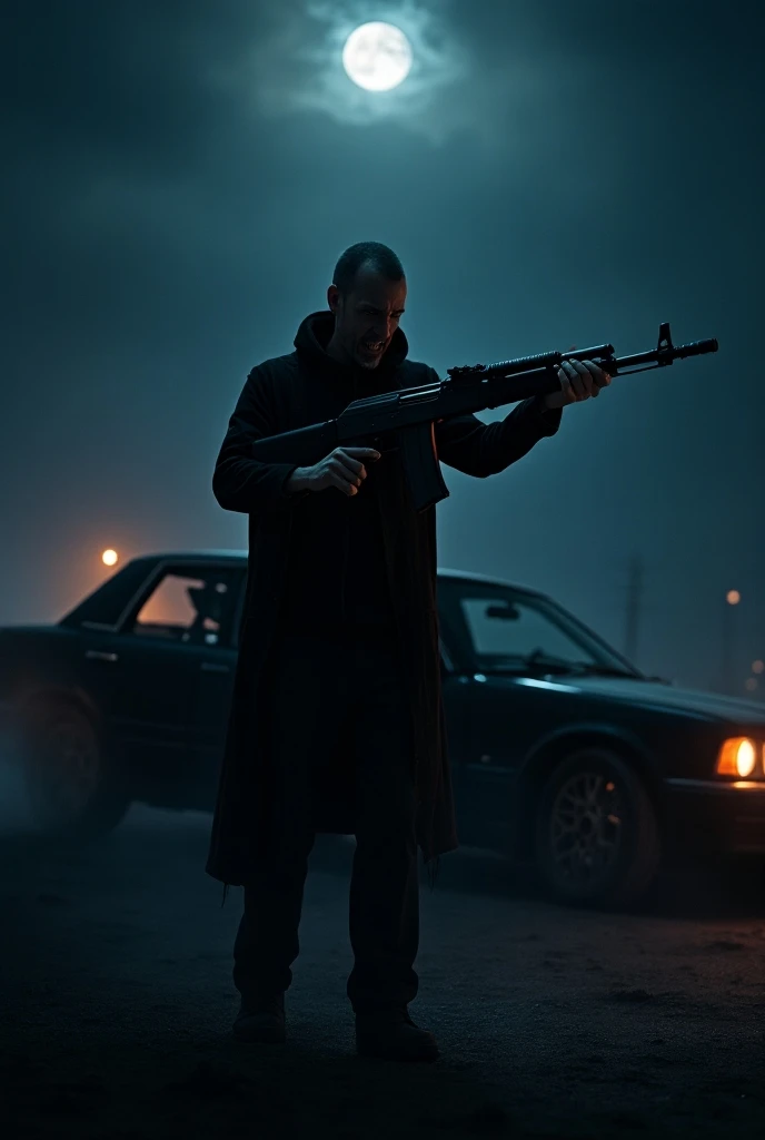 Create an image for the cover of chapter 1 that represents the protagonist's loneliness and distrust in the face of a dark and dangerous world inhabited by the undead. The image can show the protagonist alone in an abandoned environment or moving in front of a desolate cityscape, with the shadows of the zombies in the background and his weapon in hand. The image should convey the mood of tension and the feeling that any movement could pose a threat. But I don't want this character of mine, doesn't have the beard and isn't bald, I want him to look like a 25-year-old man, I want my character to be young.