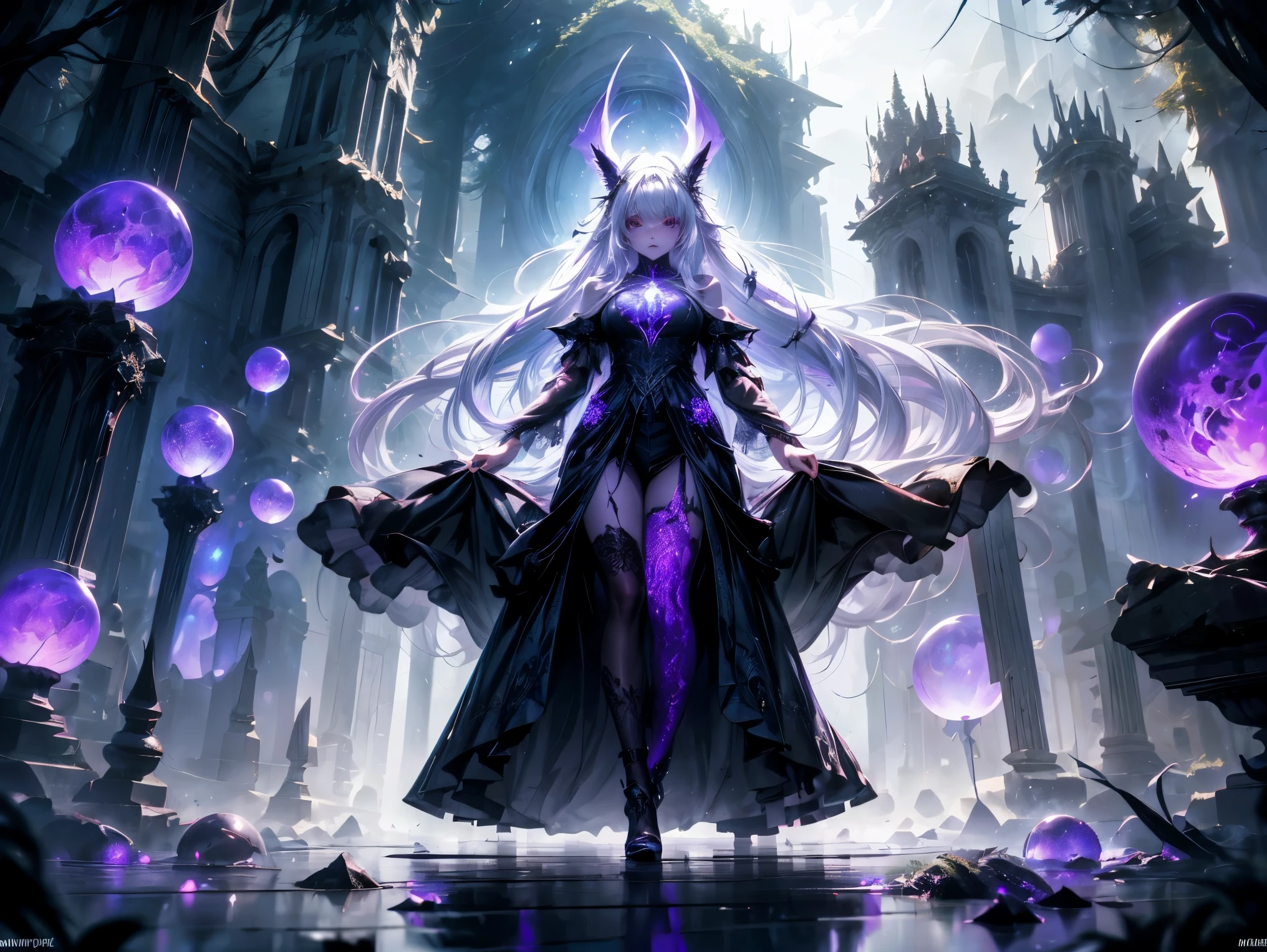 A mysterious witch with long white hair and glowing eyes, wearing a torn, dark purple gown. She stands provocatively, one hand extended, casting a spell in an enchanted forest. Glowing orbs of light surround her as fog rolls over the forest floor.