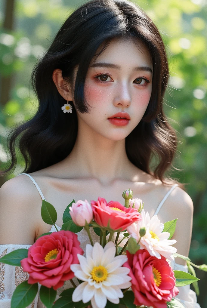 Beautiful girl holding flowers 
