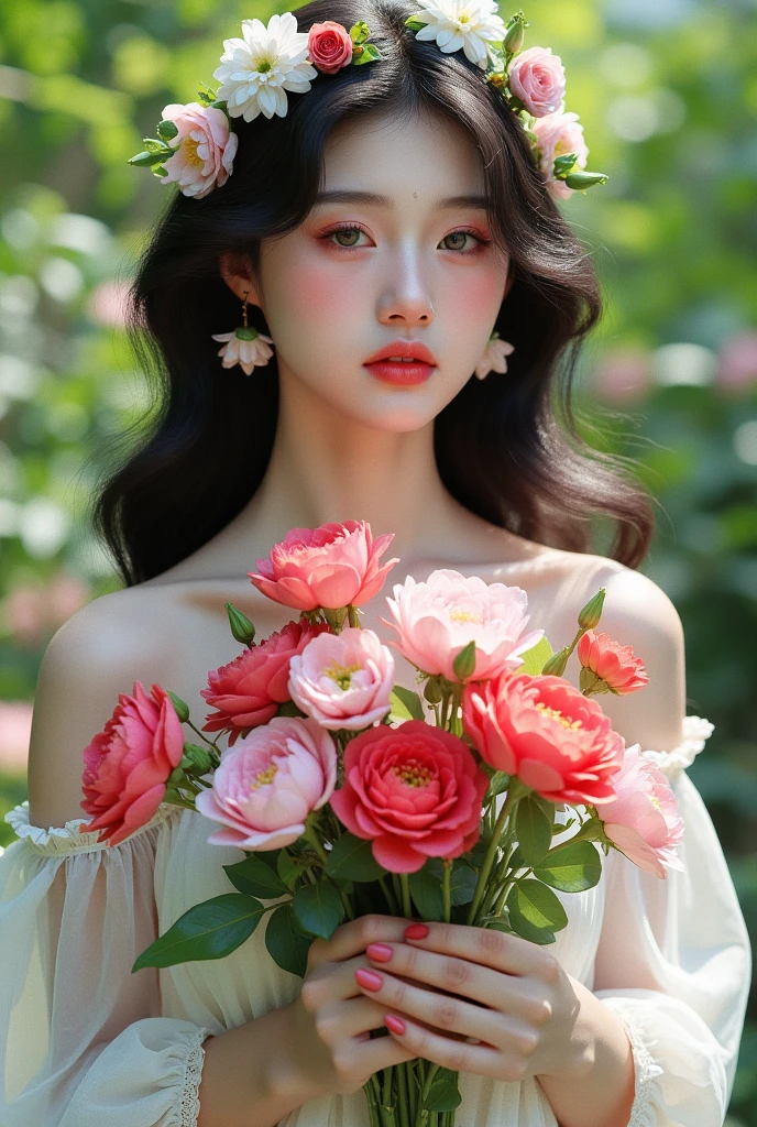 Beautiful girl holding flowers 
