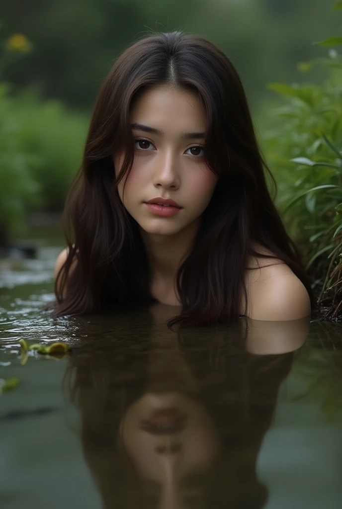 close up portrait of a cute woman face on (gldot) bathing in a river, reeds, (backlighting), realistic, masterpiece, highest quality, lens flare, shade, bloom, [[chromatic aberration]], by Jeremy Lipking, by Antonio J. Manzanedo, digital painting,