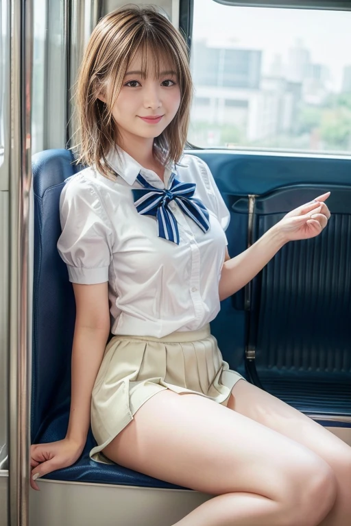 Top Quality,extremely highly detailed,masterpiece,realisitic,Photo real,bright lighting,1 girl in, Very beautiful 17-year-old girl, (kawaii:1.2),faint smile, (Brown eyes),(ligh brown hair),(bangss),perfect shiny skin,Flawless skin,((Erotic,Sexy and sexually explicit)),((Precise hands without dissonance)), large full breasts,Big breasts and a thin waist, Watch your audience,,((Short sleeved uniform white shirt)),(Blue mini pleated skirt),(((skirt lift by yourself))),(lifted by self),(Show Panties),Wearing panties,panties focus,((Sits,Open Legs Wide)), Sock, (Black knee socks),(Loafer Shoes), daytime,On the train,Long horizontal seats with your back to the window, Smiling broadly