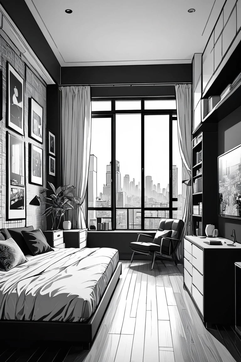 Masterpiece, best quality, manga style, line art, apartment interior, monochrome, high contrast, good use of solid black, manga background