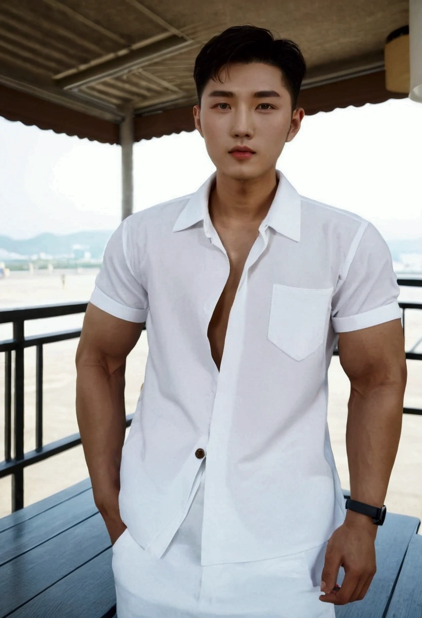 (Create a masterpiece: 1.2),(CGI art:1.3),(realistic:1.5),(After processing:1.3), (Sharp focus:1.3), 1 man sitting on a chair, open mouth, smile, (T-shirt without logo:1.5), Navy cargo pants, Korean guy , korean men, (High gloss details), chest muscles, large arm muscles, blood vessel, Big muscles, Broad shoulders, looking at the audience, Balancing the eyes, seaside beach sunshine looking at the bakery
