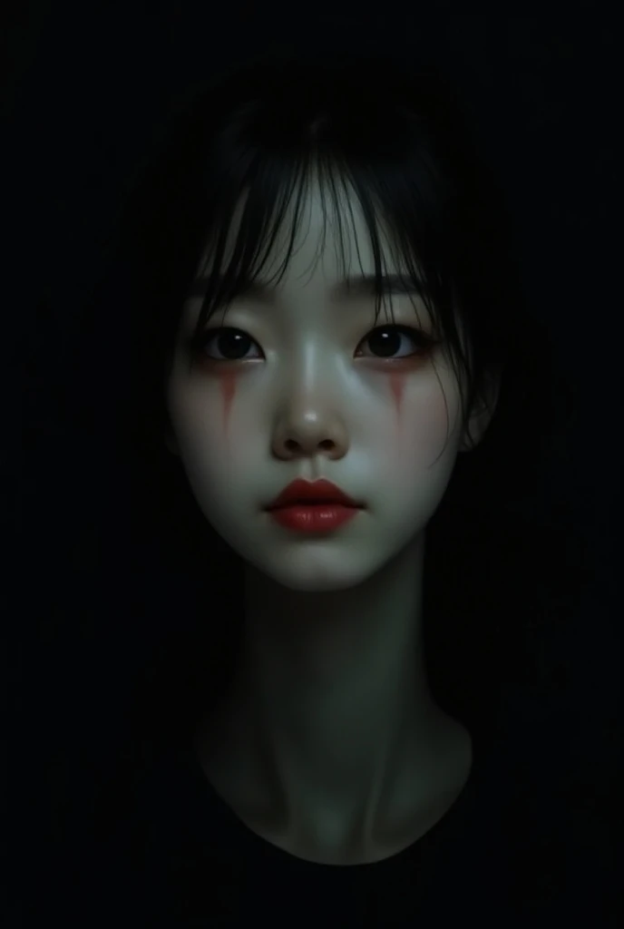 Creepy Korean woman, split visage with one-side zombie features including a rotten eye, other side beautiful, seated amidst a dark palette with purple, red, black, blue, prune, oil-painting illustration, dramatic manga style