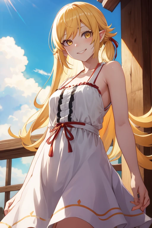 1girl, solo, aashinobu, (aged down:1.3), (lori:1.2), (long hair, yellow eyes, golden hair, pointy ears, white dress:1.1),
BREAK standing, 
BREAK smile,
BREAK cowboy shot, from below,
BREAK outdoor, garden,
BREAK (best quality, masterpiece, detailed:1.1), HD, (anime colored:1.1), (beautiful detailed eyes:1.4), extremely detailed face, perfect lighting, extremely detailed CG, (perfect hands, perfect anatomy),