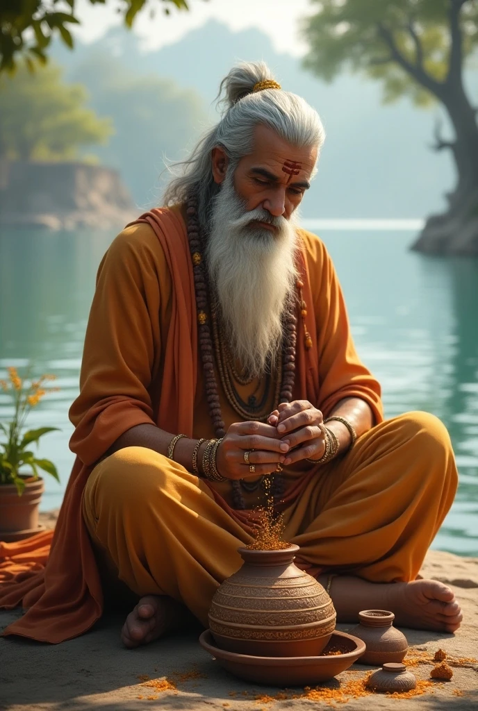 One bramhana pandit with the aged of 28!years old men washing his legs and arms with a bucket of water in a kingdom there is no body at kingdom only he washed his hands and legs with the water