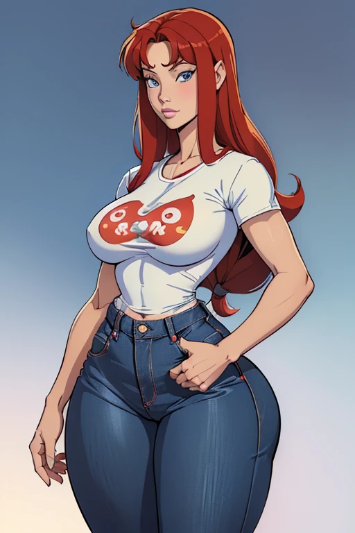 (ranma chan) (ranma saotome)(1solo)(1girl)((Solo)) ((Masterpiece)) ((High Quality)) (slim thick)((Perfect Face)) ((Wide Hips)) ((Narrow Waist)) ((Beautiful)) ((Redhead)) ((Long Hair)) ((Light Skin)) ((Cute Nose)) ((BLue Eyes)) ((Young)) ((Transparent Tee Shirt)) ((Jeans)) Anatomically Correct, a perfect body sexy beautiful girl with medium breast and huge ass (thick thighs:1.2)(medium breast:0.5)from the front