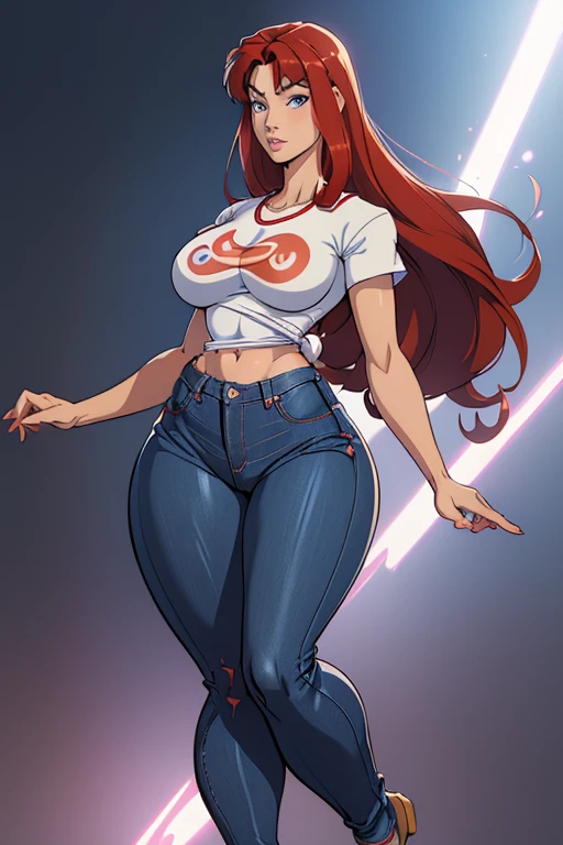 (ranma chan) (ranma saotome)(1solo)(1girl)((Solo)) ((Masterpiece)) ((High Quality)) (slim thick)((Perfect Face)) ((Wide Hips)) ((Narrow Waist)) ((Beautiful)) ((Redhead)) ((Long Hair)) ((Light Skin)) ((Cute Nose)) ((BLue Eyes)) ((Young)) ((Transparent Tee Shirt)) ((Jeans)) Anatomically Correct, a perfect body sexy beautiful girl with medium breast and huge ass (thick thighs:1.2)(medium breast:0.5)from the front