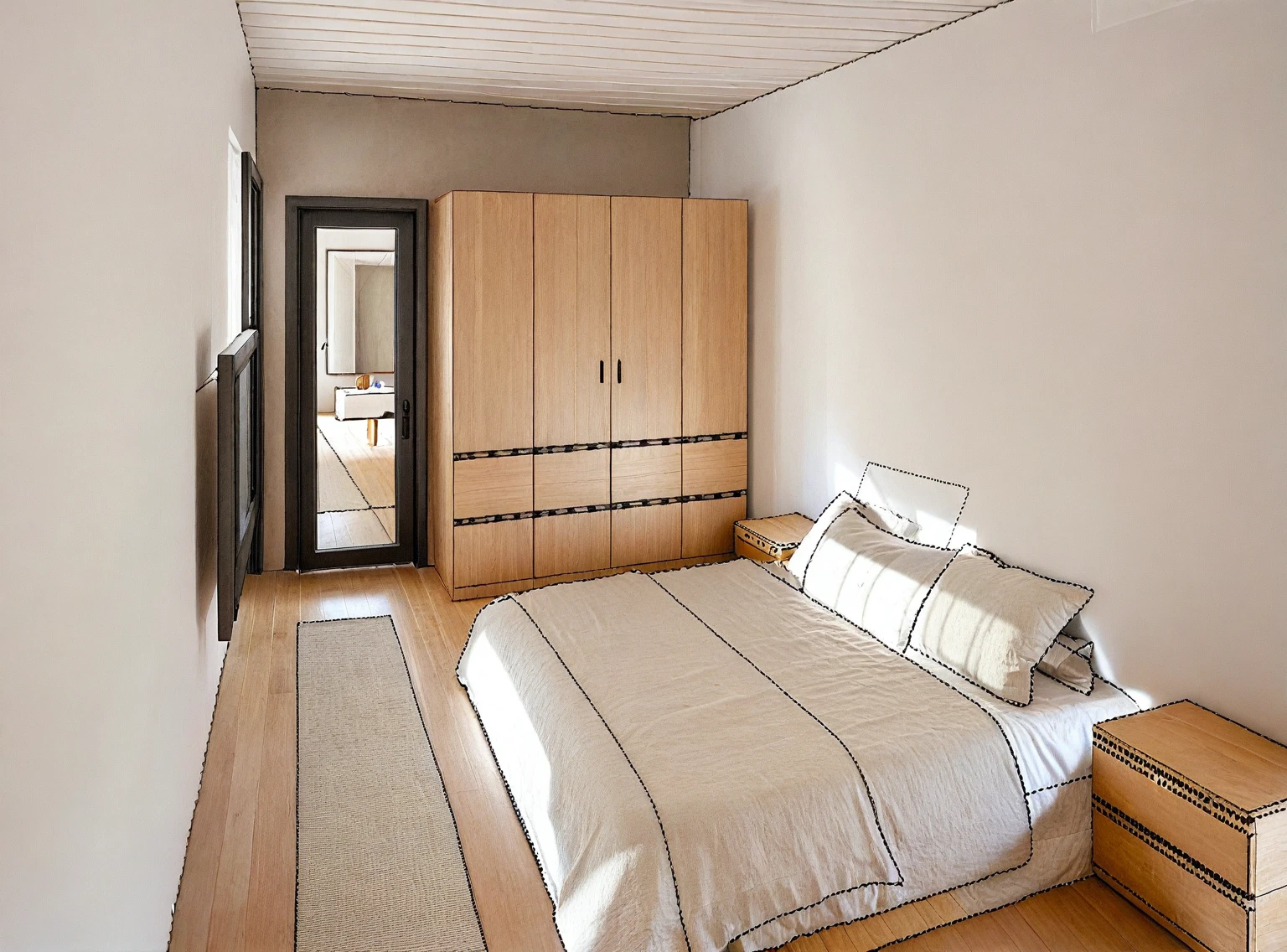 wabi-sabi bedroom interior, wabi-sabi interior style, design tends to be minimalist, calming and natural atmosphere, ((gray and white color scheme)), (( wood)), handmade textiles,natural fabrics, tab, lamp, rug, wood floor, drapes,glass window, door, (((White ceiling : 3))) , wall, wardrobe, rough-hewn wood cabinet, picture frames, antique furniture and decor items, cinematic