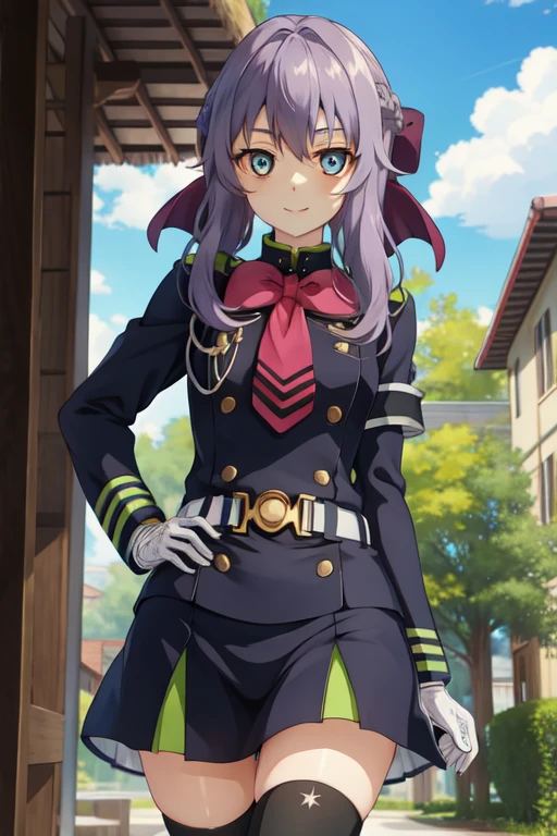 aashinoa, hair bow, military uniform, red bowtie, long sleeves, armband, white gloves, belt, black thighhighs
BREAK standing, 
BREAK smile,
BREAK cowboy shot, from below,
BREAK outdoor, garden,
BREAK (best quality, masterpiece, detailed:1.1), HD, (anime colored:1.1), (beautiful detailed eyes:1.4), extremely detailed face, perfect lighting, extremely detailed CG, (perfect hands, perfect anatomy),