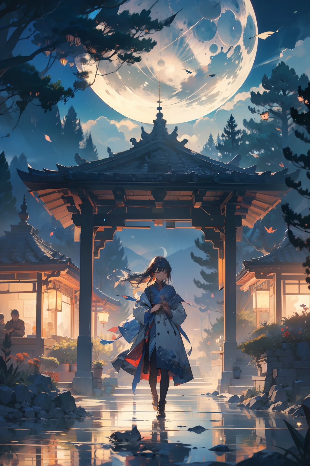 Arthur Rackham, James Jean, Surreal, mysterious, strange, fantastical, fantasy, Sci-fi, Japanese miniature garden on a full moon night, melting prism, miniskirt beautiful high school girl, perfect voluminous body, detailed masterpiece