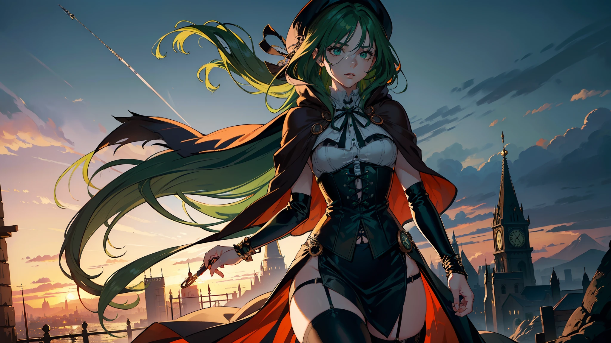 Cat,green hair,long hair,On top of the bell tower,red sky,perfect face,magic wand,Knee-high boots,cape