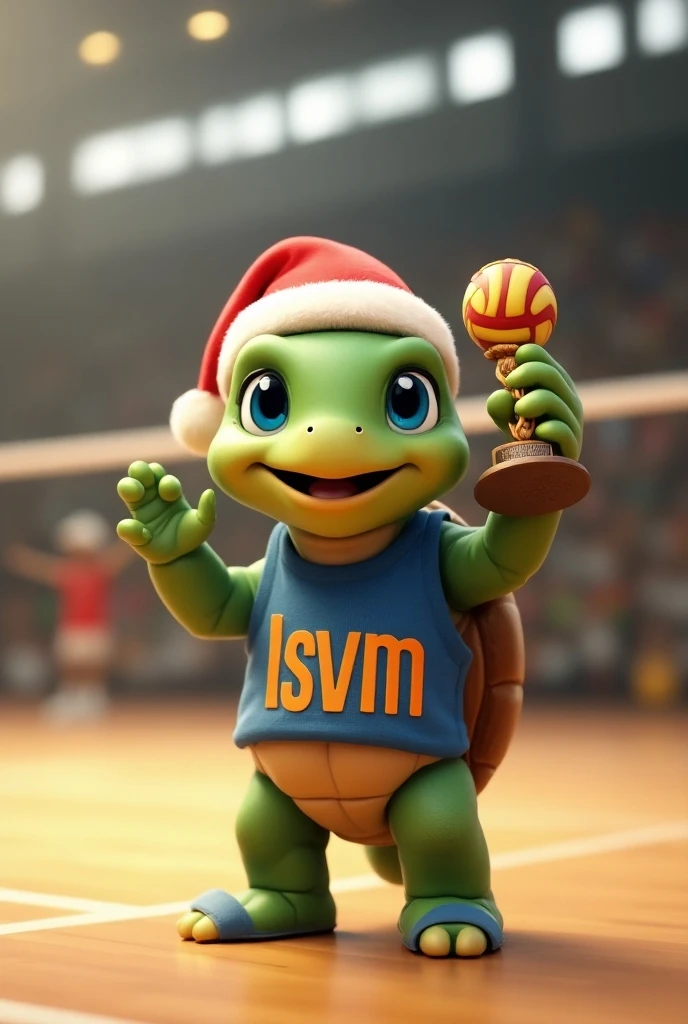 Waku, an adorable turtle with vibrant green skin and a rich brown shell, looks up with bright blue eyes shining with excitement, as if celebrating a triumphant spike, stands on a modern indoor volleyball court with polished wooden floors, waving and presenting to the spectators with his volleyball champion trophy, wearing a blue tank top with a stylized orange lowercase "W" logo on the chest, his tiny tennis shoes tied and ready, capturing the essence of his cheerful and competitive spirit, with soft, warm lighting casting a comforting glow on the overall scene. He is greeting the public