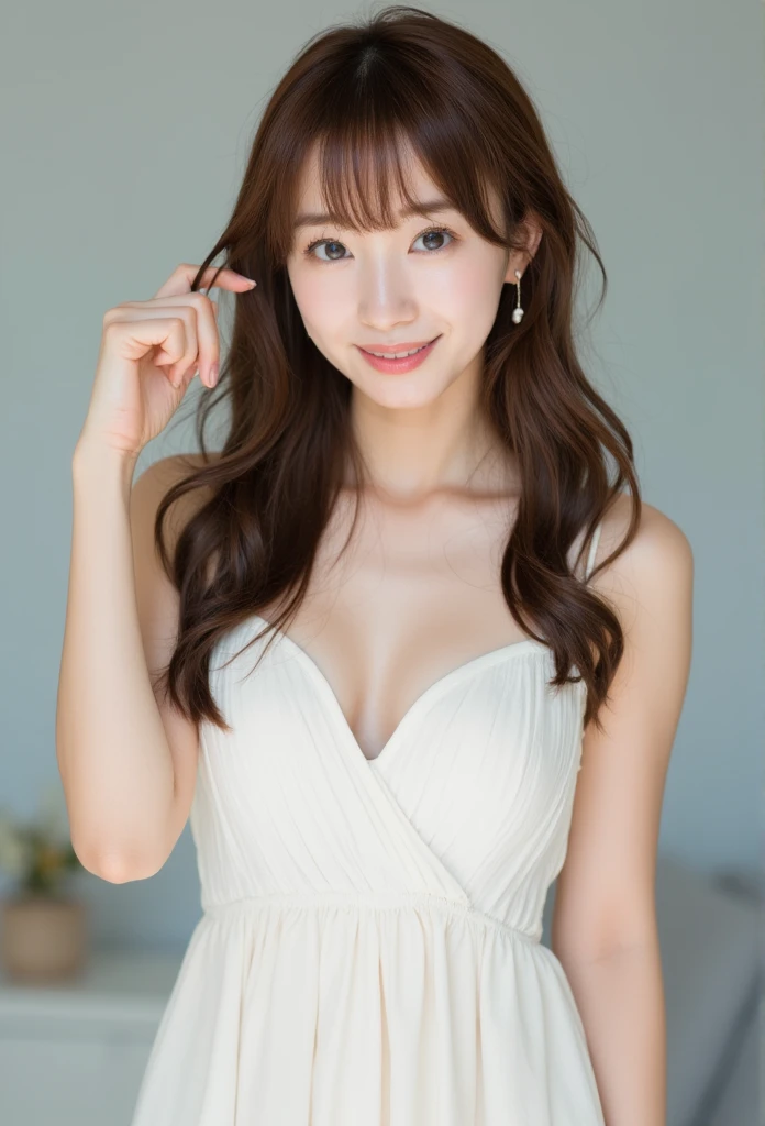 one beautiful lovely women, ((grinning)),Skinny Japanese young woman,)),Sexy, Detailed face, beautiful eyes, bangs, medium breasts, very thin waist, Light Brown wavy Hair, Faint lips, ((standing at front, Staring at the viewer,)), white summer dress, pleated skirt, light brown, long wavy hair, stylish, cozy, casual fashion, (full-body photo), arm up and gently posed.